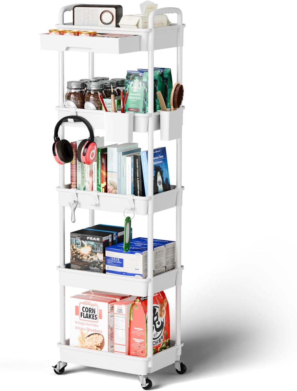 5 Tier Rolling Cart Organizer,Bathroom Cart Organizers with Wheels Laundry Room Organization Mobile