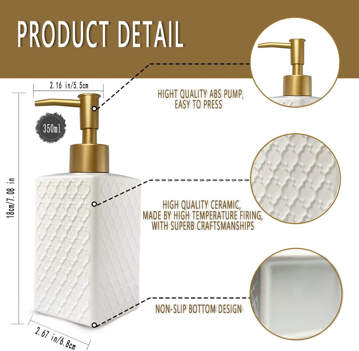 Gold Soap Dispenser for Bathroom,Retro White Square Lotion Dispenser, Refillable Countertop Ceramic