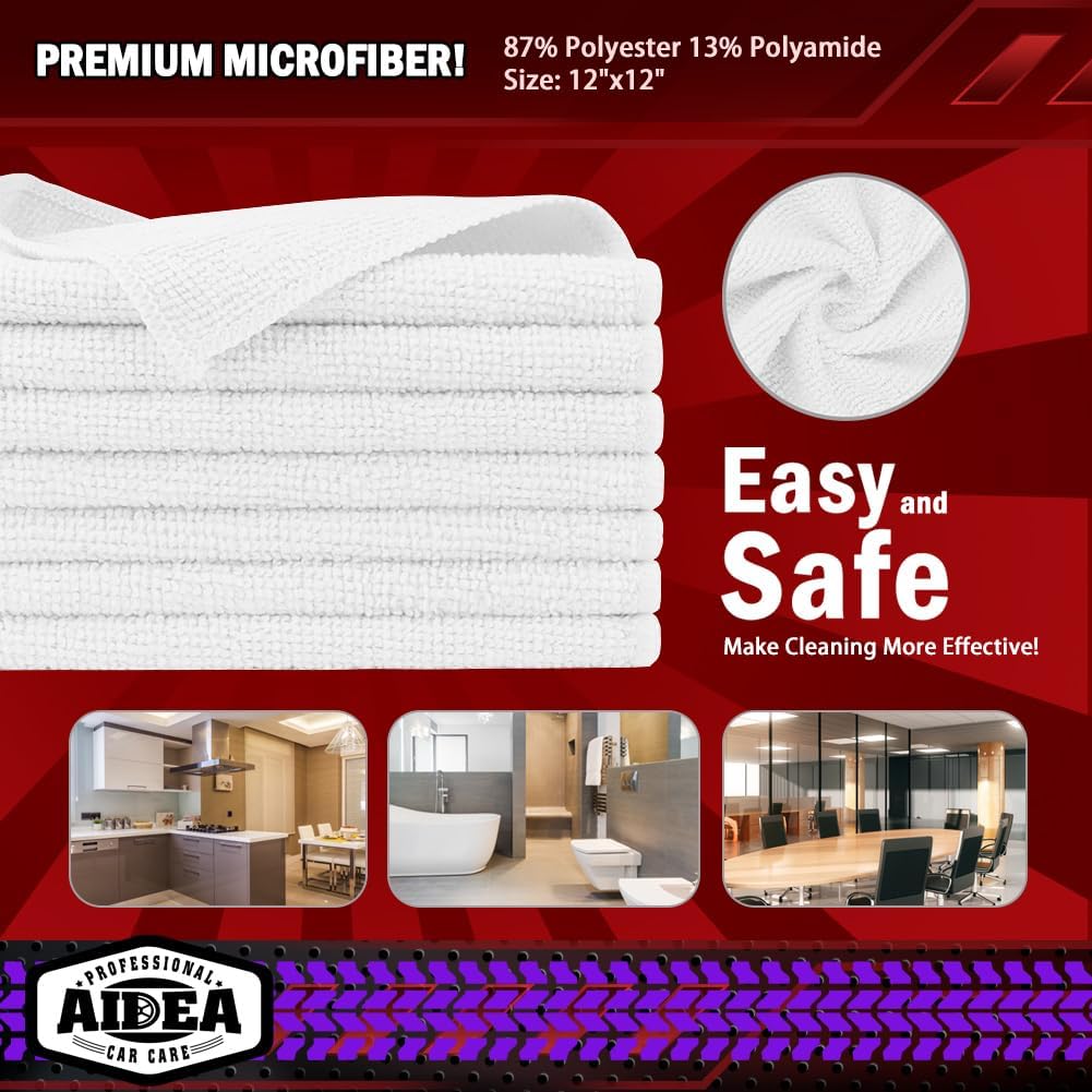 AIDEA Microfiber Cleaning Cloth White 50PK, Microfiber Towels for Cars, Premium Car Cloths, Dusting