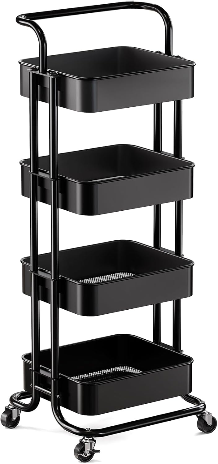Pipishell 4 Tier Mesh Utility Cart, Rolling Metal Organization Cart with Handle and Lockable