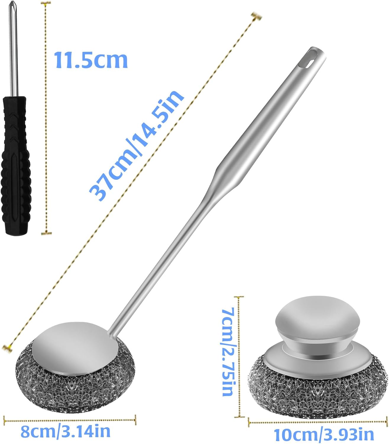 2Pcs Stainless Steel Wool Scrubber Sets, Dish Scrubber with Long Short Handle Stainless Steel
