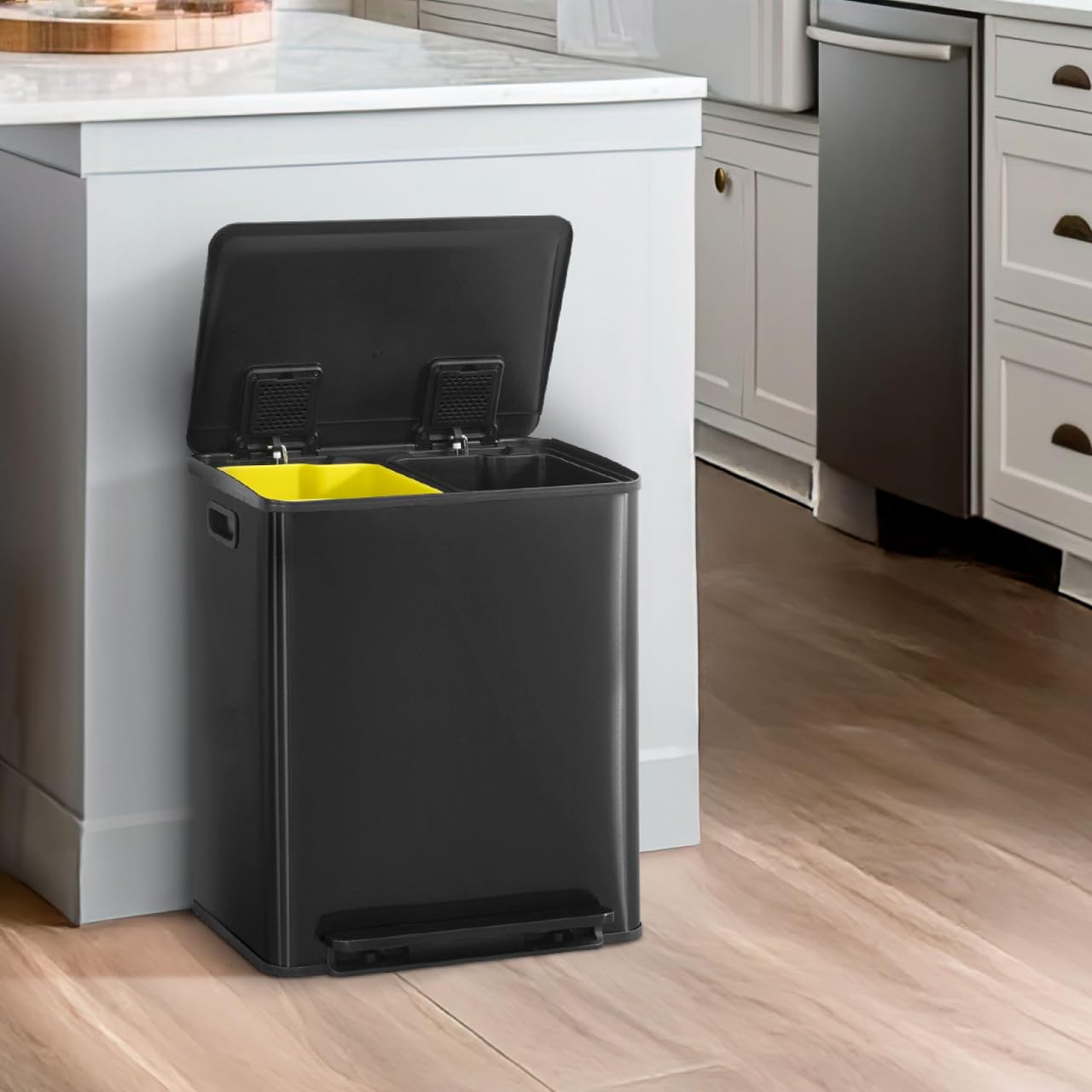 CAPHAUS Black Dual Trash Can w/Single Lid, Trash & Recycle Bins Combo, Hands-Free Stainless-Steel