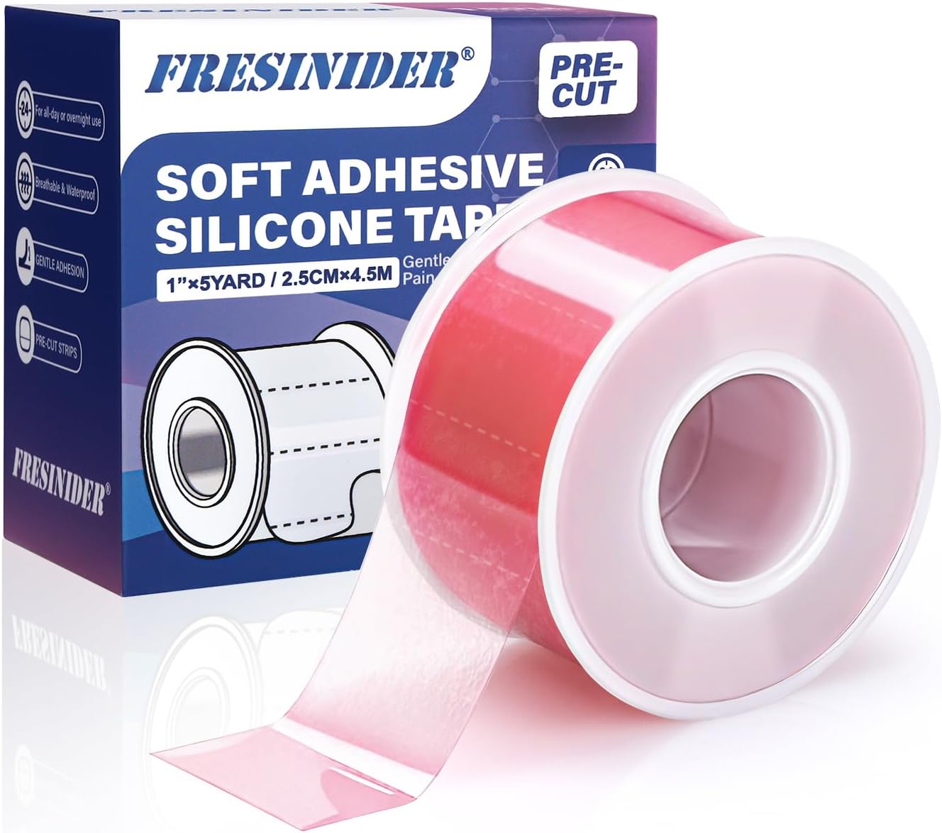 FRESINIDER Silicone Tape 1" x 5 Yard Pink 1 Roll for Sensitive Skin, Pre-Cut Waterproof Medical