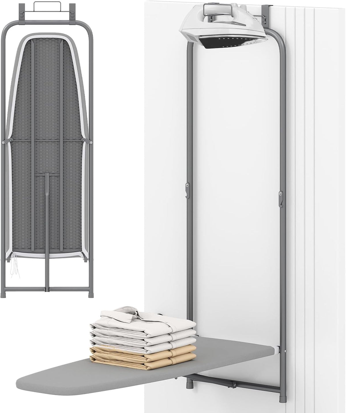 COSTWAY Over The Door Ironing Board, Space-Saving Metal Hanging Ironing Board with Iron Holder &