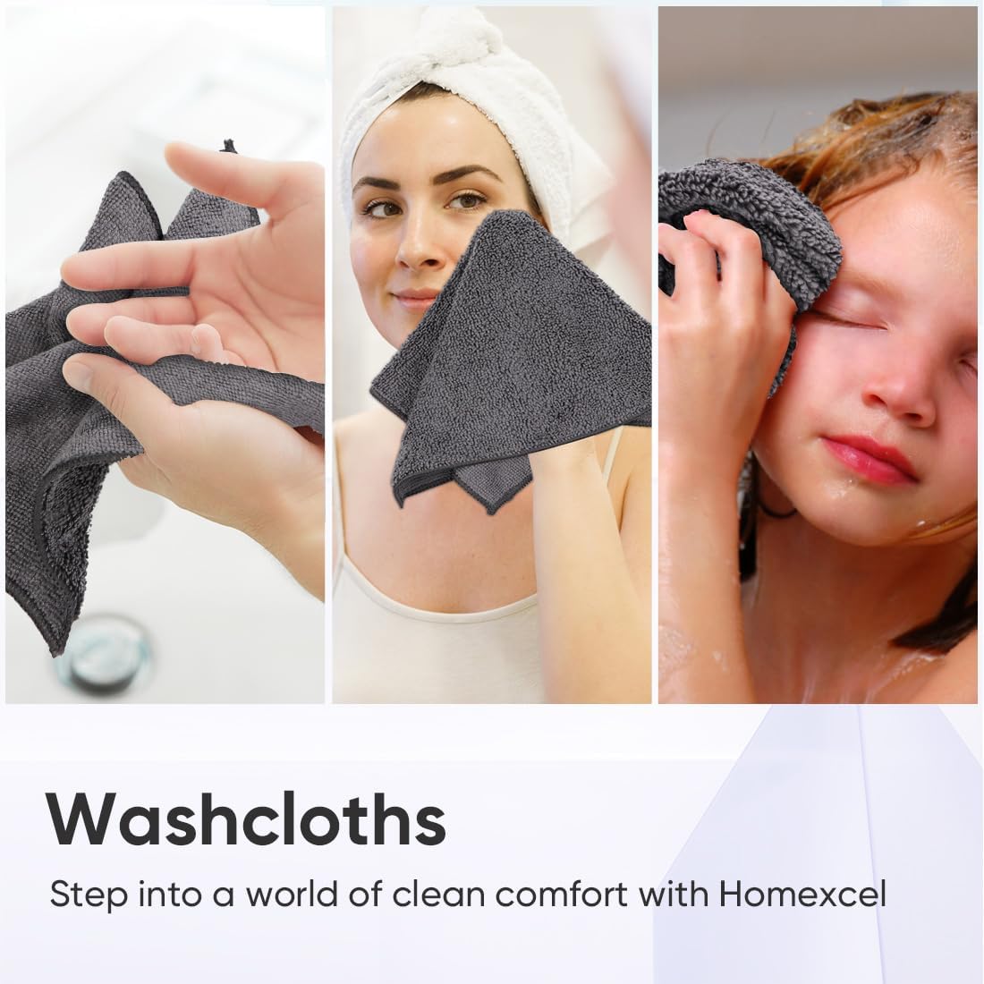 HOMEXCEL Microfiber Washcloths 24 Pack, Highly Absorbent and Soft Face Towel, Multi-Purpose Grey