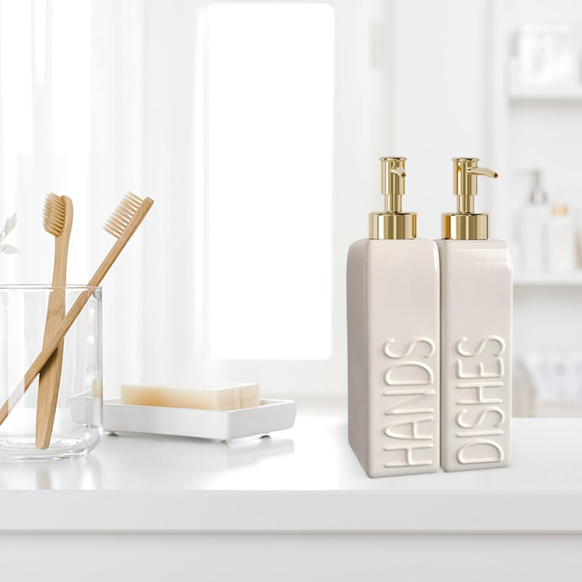 Soap Dispenser Set with Gold Stainless Steel Pump and a Funnel, 2 Pack Modern Ceramic Refillable