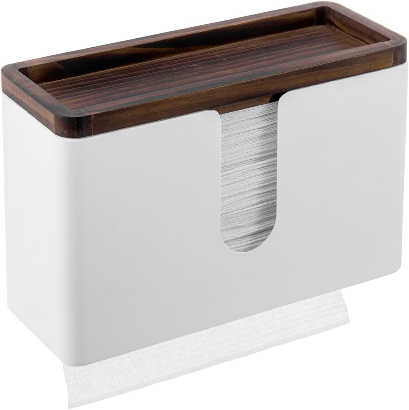 MyGift Deluxe Modern Matte White Metal Folded Commercial Paper Towel Holder with Rustic Burnt Solid