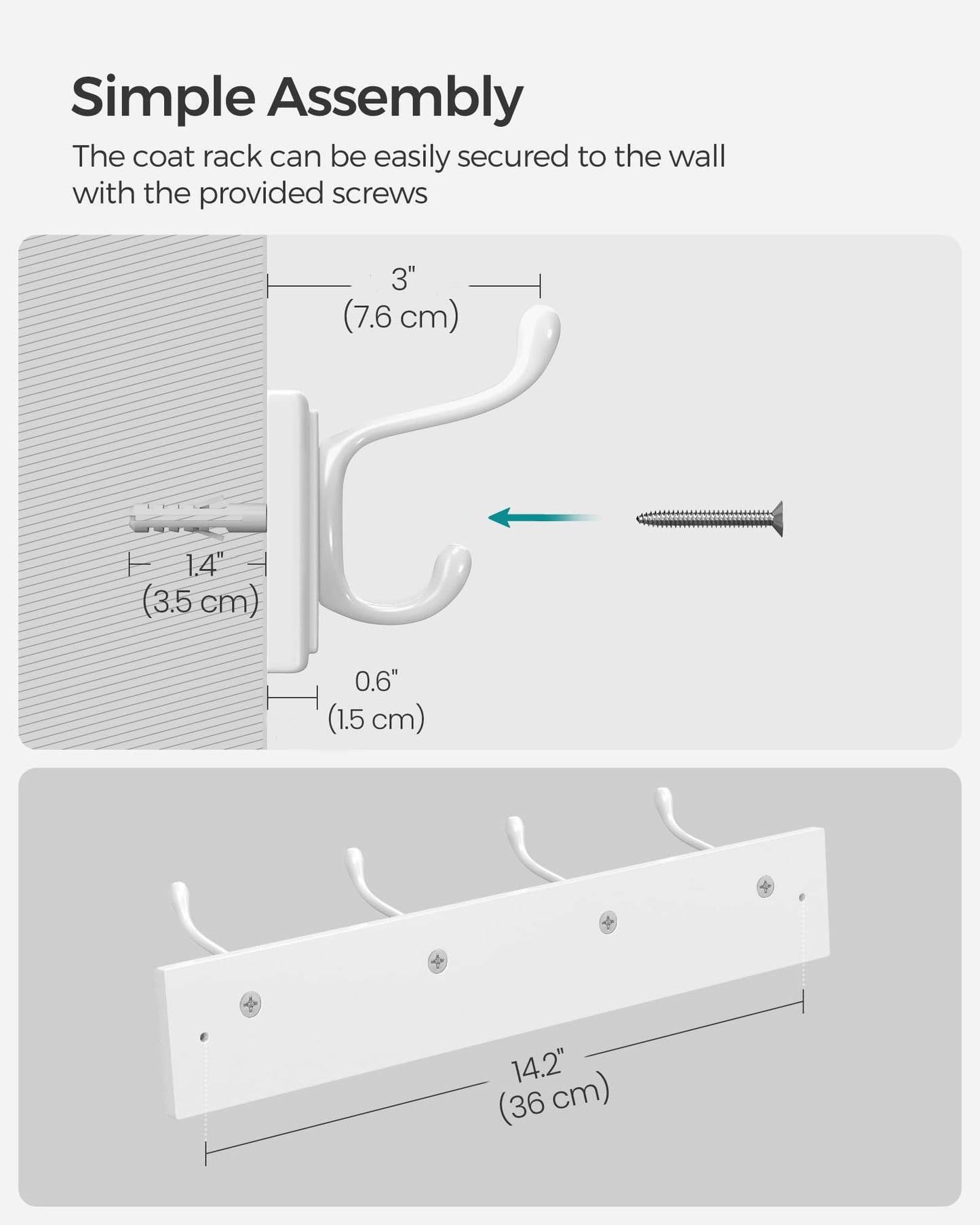 SONGMICS Wall-Mounted Coat Rack, Hook Rack, 4 Dual Metal Hooks, White