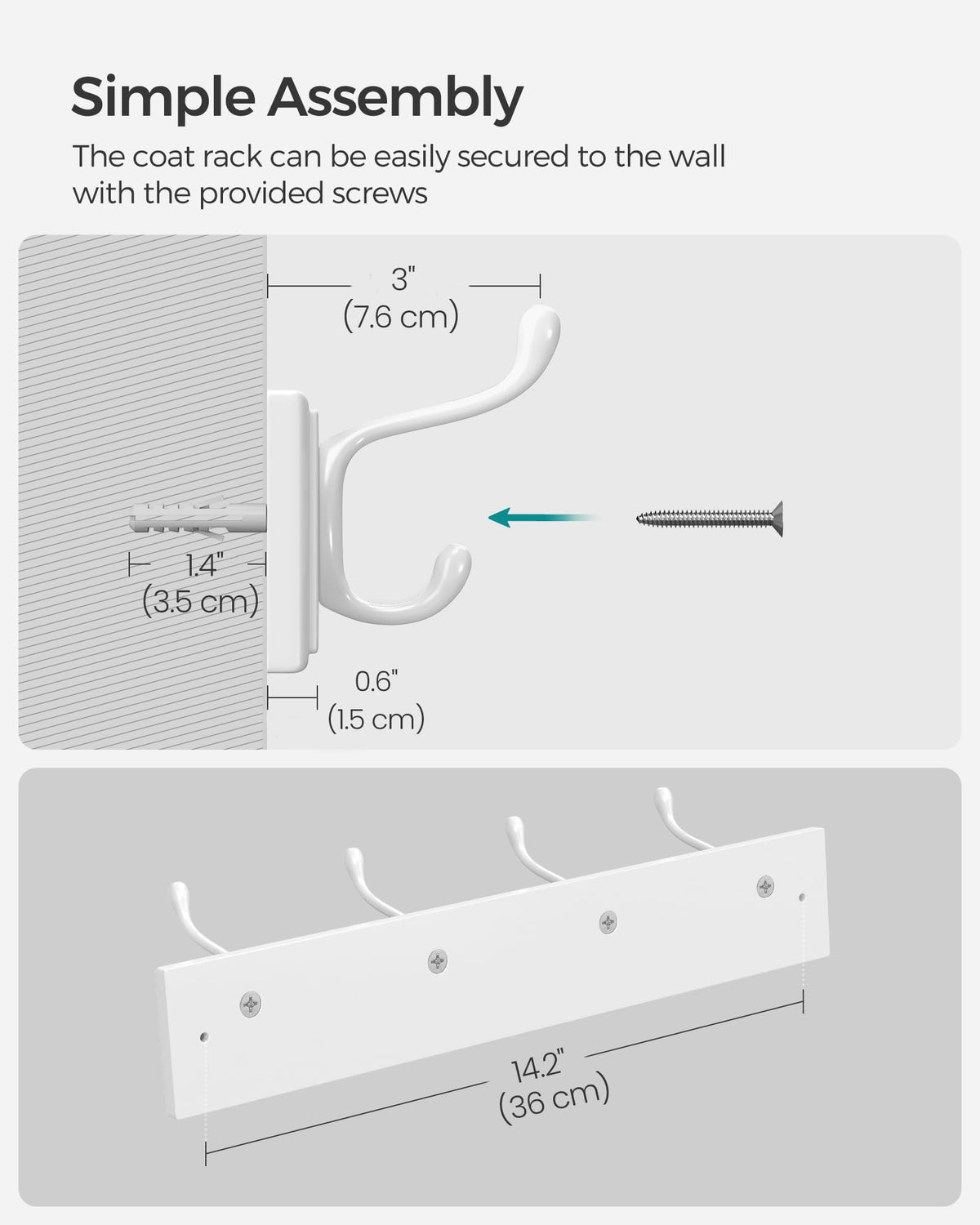 SONGMICS Wall-Mounted Coat Rack, Hook Rack, 4 Dual Metal Hooks, White