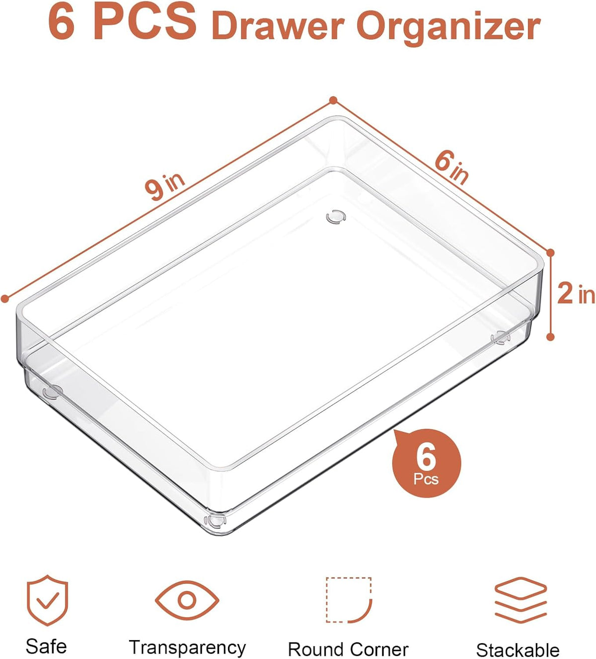 SMARTAKE 6 PCS Clear Plastic Drawer Organizers Set, Large Size Non-Slip Desk Drawer Organizer