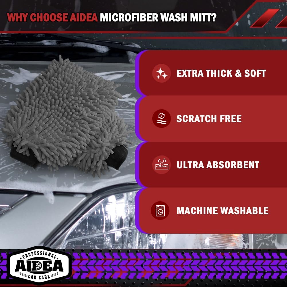 AIDEA Car Wash Mitt Microfiber, 1PK Scratch Free Lint-Free, Premium Chenille Microfiber Sponge Mitt