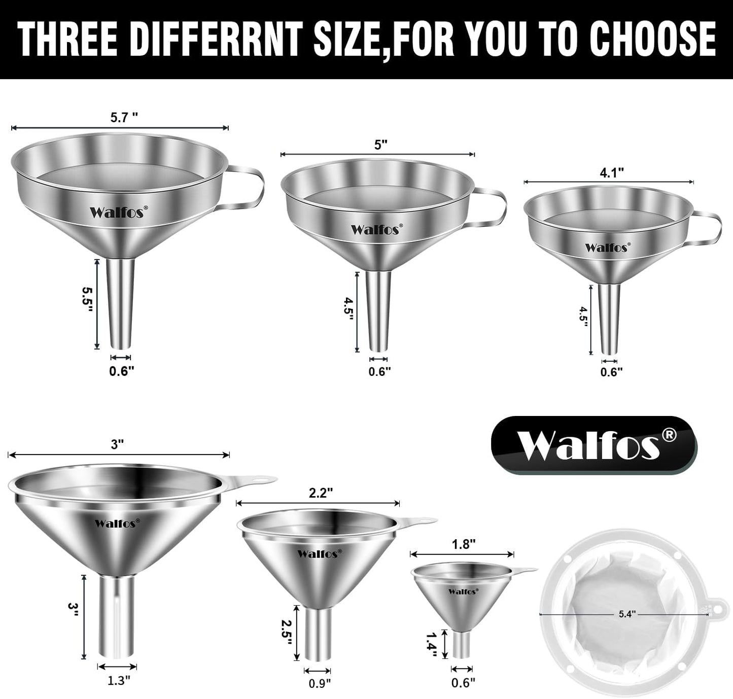 Stainless Steel Funnel, Walfos 6 Different Sizes of Kitchen funnels with 2 Removable Strainer ＆
