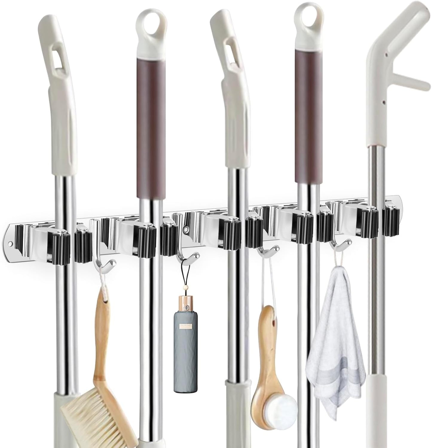 IMILLET Broom Holder Wall Mounted, Stainless Steel Broom Mop Holder Self Adhesive Heavy Duty Hooks