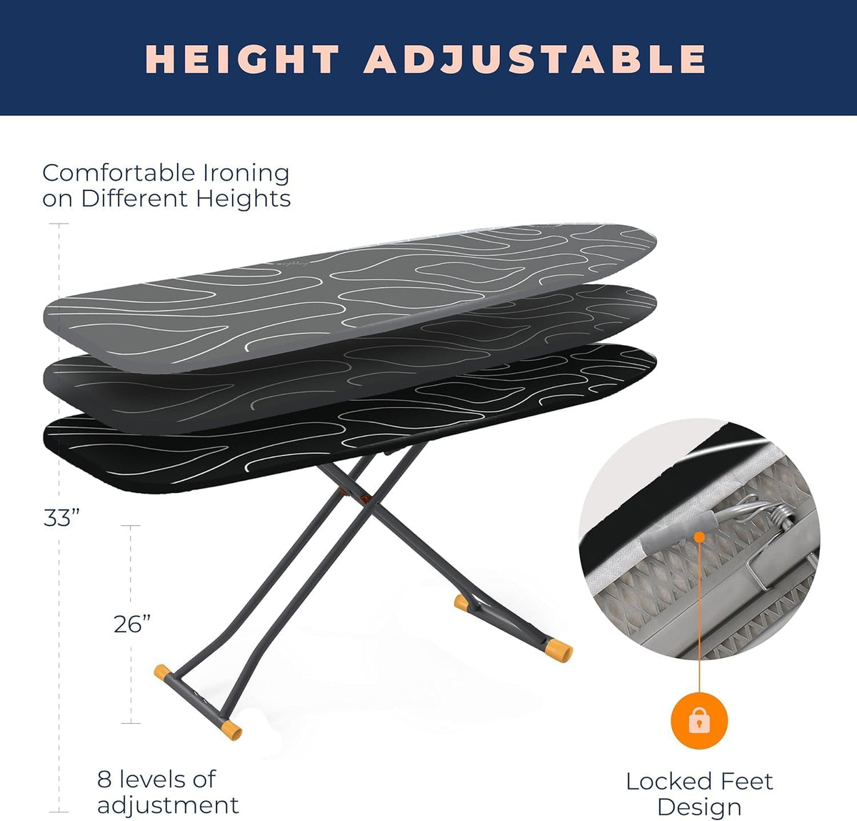 Ironing Board, Compact and Space Saver Ironing Board with Extra Thick 3 Layers Cover, Height