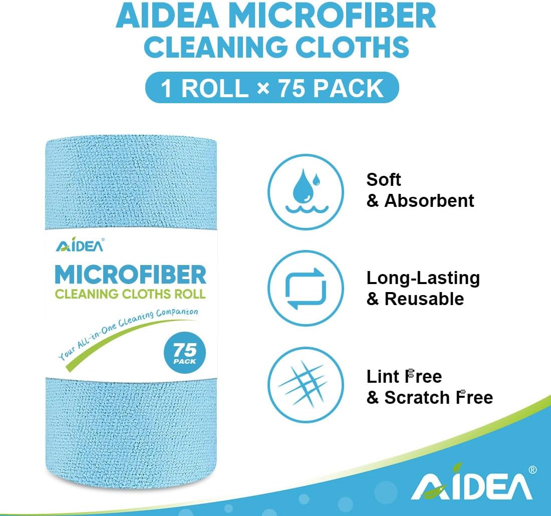 AIDEA Microfiber Cleaning Cloth Roll, 75PK, Reusable Tear Away Paper Towels, Microfiber Towels for