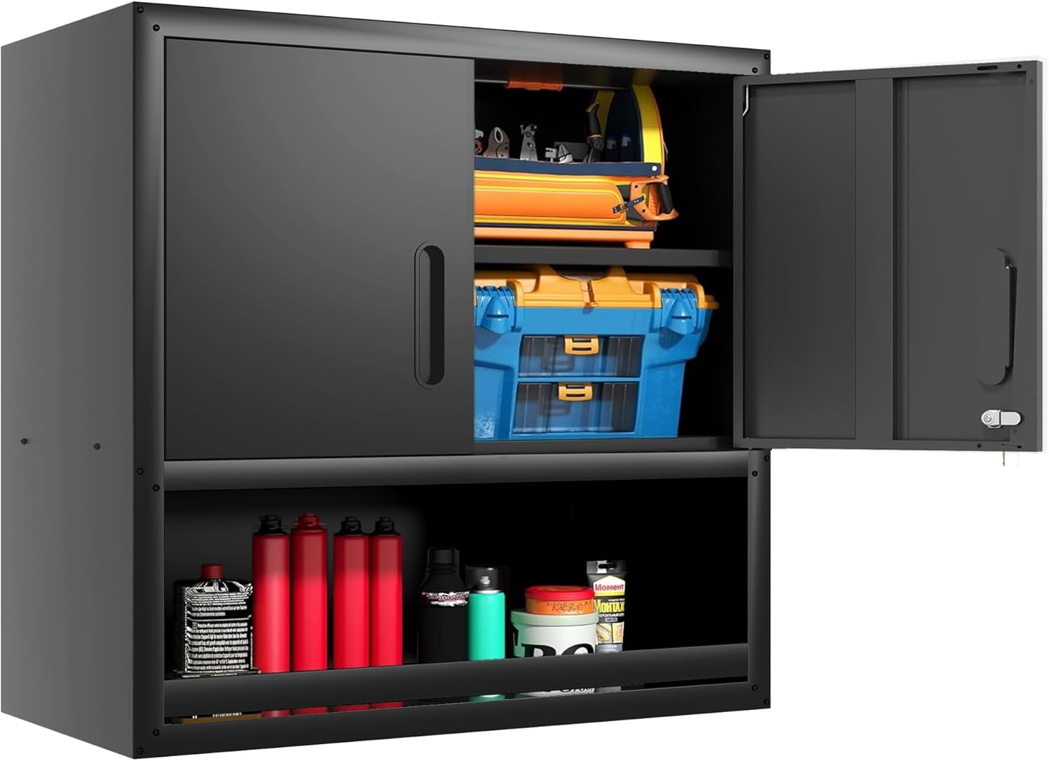 Garage Wall Cabinet with Doors and Shelves, Wall Mounted Metal Storage Cabinet with Open Storage