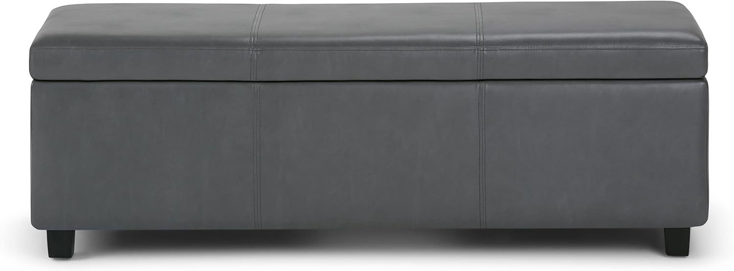 SIMPLIHOME Avalon 48 inch Wide Contemporary Rectangle Storage Ottoman Bench in Stone Grey Vegan