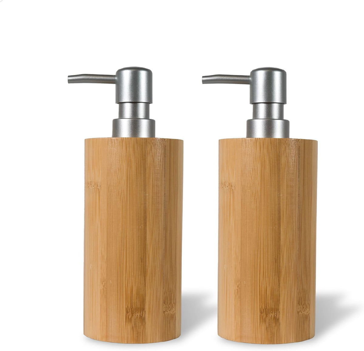 2 Pack Natural Bamboo Liquid Soap Dispensers, 10 oz Refillable Bottles with Silver Plastic Pumps