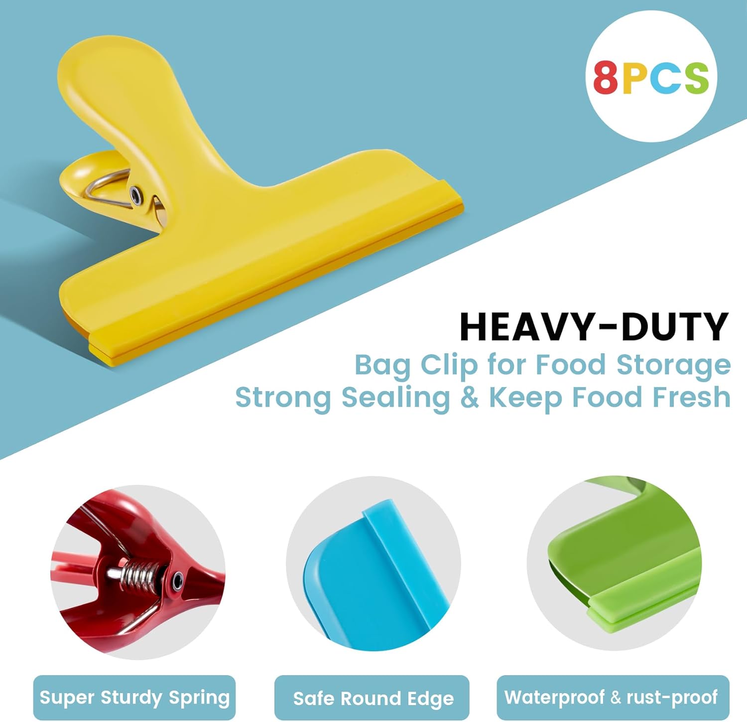 HOUSE AGAIN 8 Pack Stainless Steel Chip Bag Clips Covered with Silicone - NO More Sharp Edges