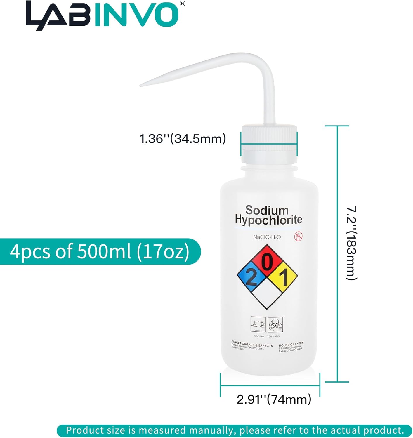 4pcs of Sodium Hypochloride Wash Bottles, Vol.500ml (17oz), Narrow Mouth, Self-Venting Safety Wash