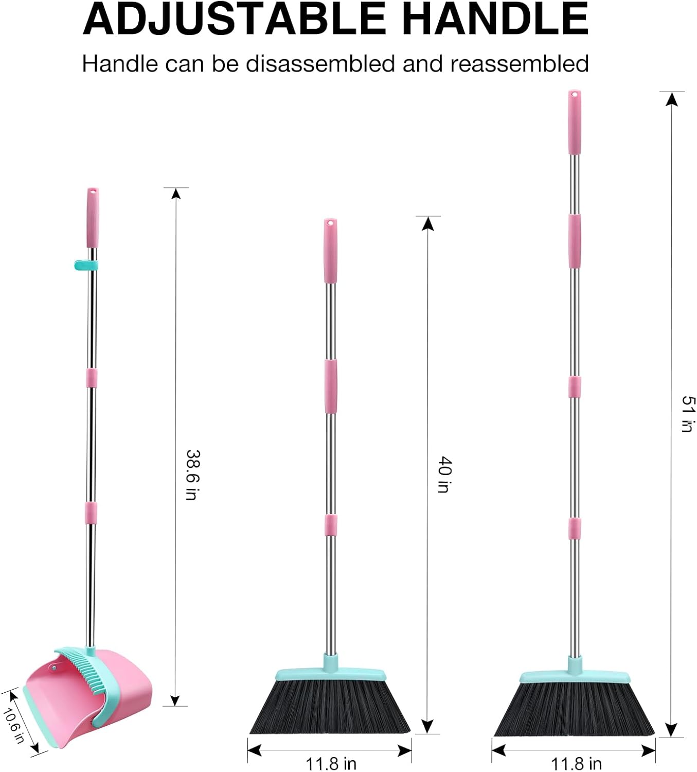 Broom and Dustpan Set, 52-in Long Adjustable Handle Broom Dustpan Combo with Dust pan Teeth to