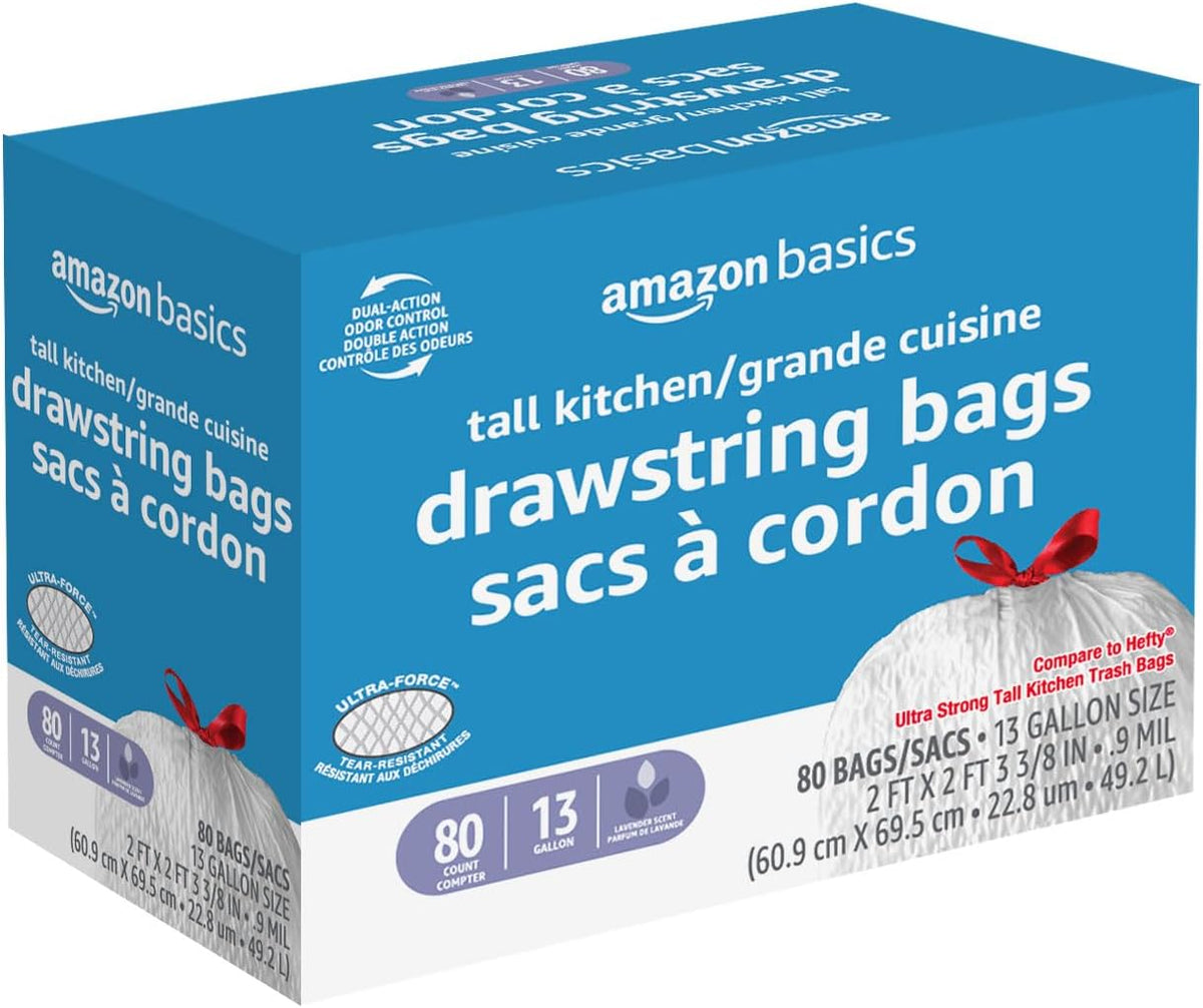 Amazon Basics Ultra-Force Tall Kitchen Drawstring Trash Bags, Lavender Scented, 13 Gallon, 80