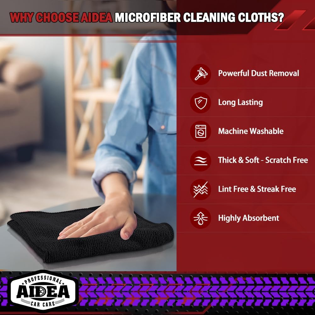 AIDEA Microfiber Cleaning Cloth Black 20PK, Microfiber Towels for Cars, Premium Car Cloth, Dusting