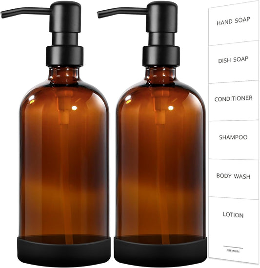 GMISUN Amber Glass Soap Dispenser with Silicone Sleeve Boot, 2 Pack Bathroom Hand Soap Dispensers