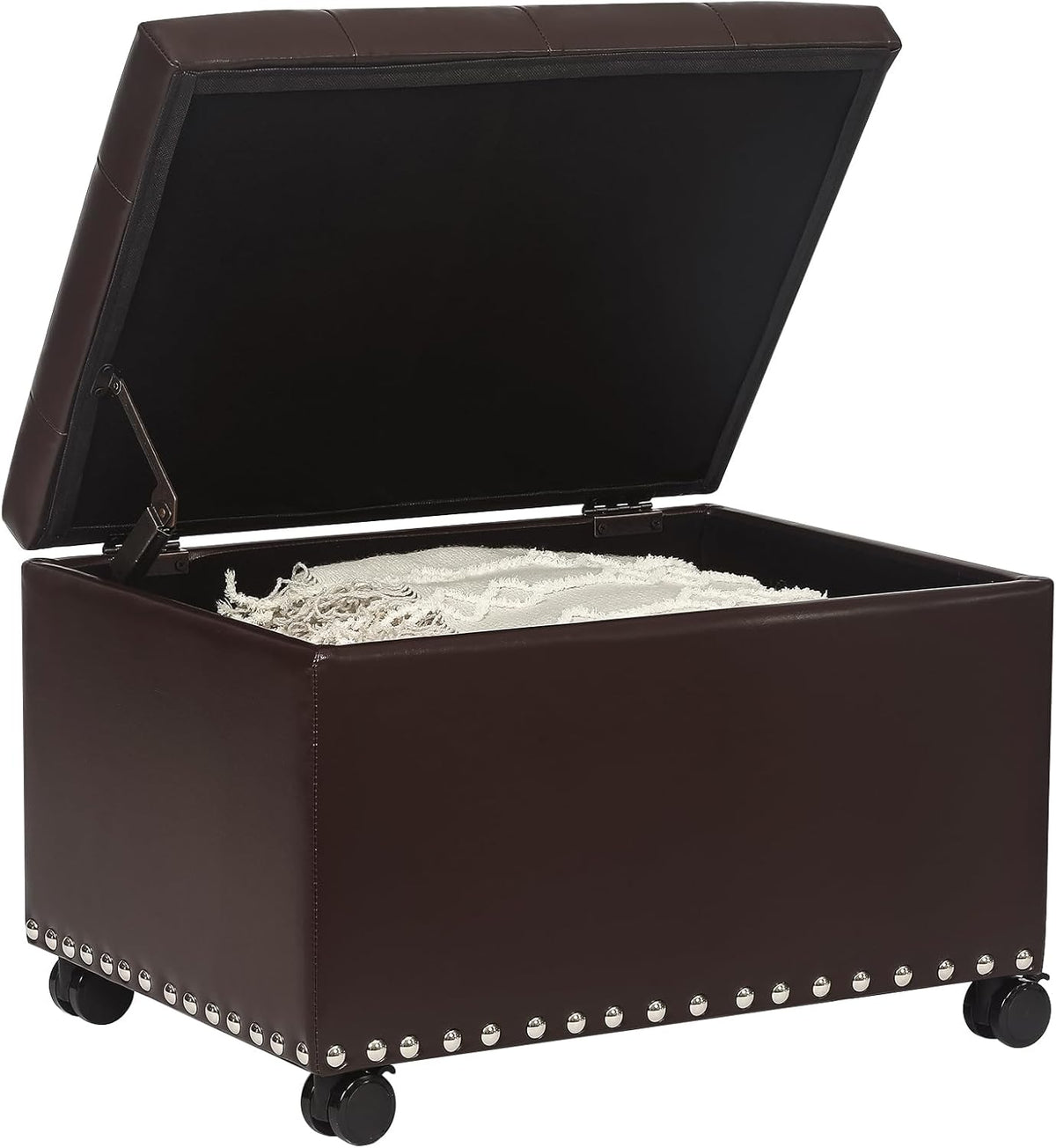 Leather Storage Ottoman Bench with Steerable Rolling Wheels, Rectangle 24 Inch Foot Rest Ottomans