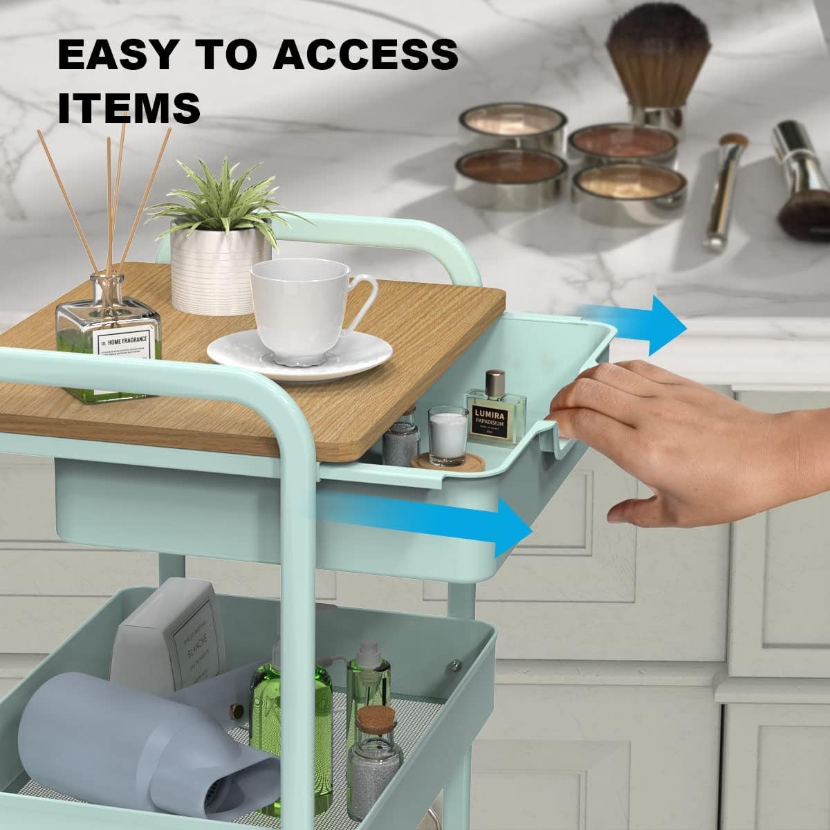 3 Tier Rolling Cart, Utility Cart with Drawer and Table Top, Metal Rolling Kitchen Storage