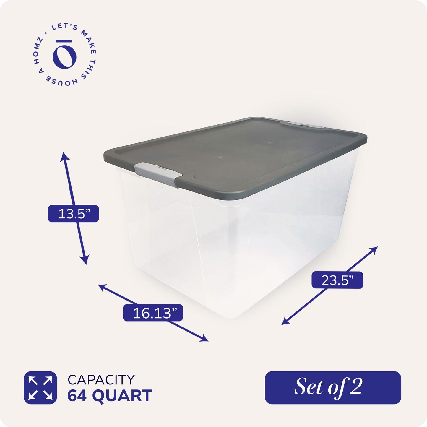HOMZ Clear Plastic Storage Bin with Secure Latching Gray Lid, 64 Qt, 2 Pack