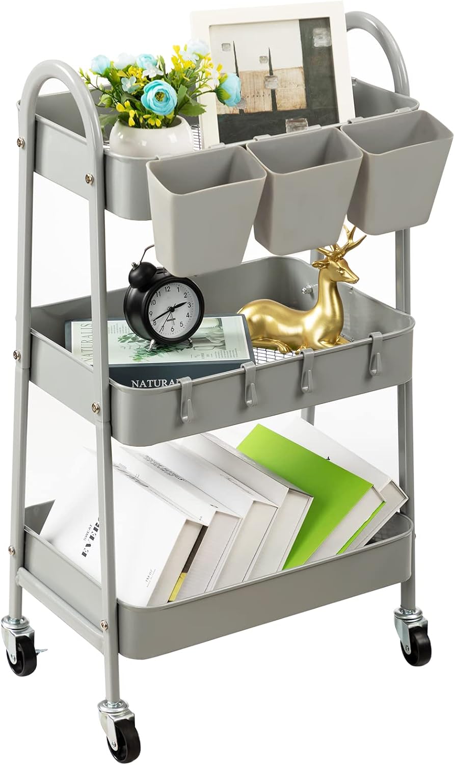 danpinera 3-Tier Rolling Cart, Metal Rolling Storage Cart with Lockable Wheels & Hanging Cups &