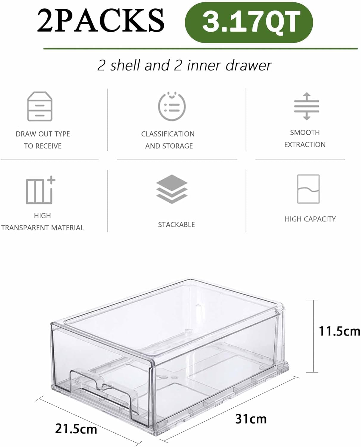 bealy 2 Pack Stackable Clear Storage Drawer,Refrigerator Organizers and Storage Drawer Pull Out