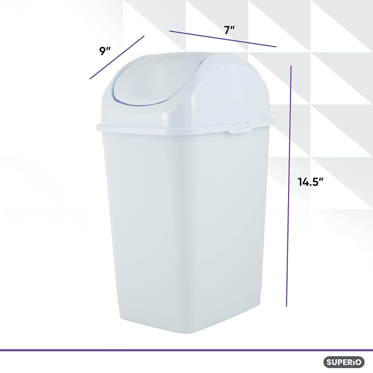 Superio Small 2.5 Gallon Plastic Trash Can with Swing Top Lid, Compact Slim Waste Bin for Under