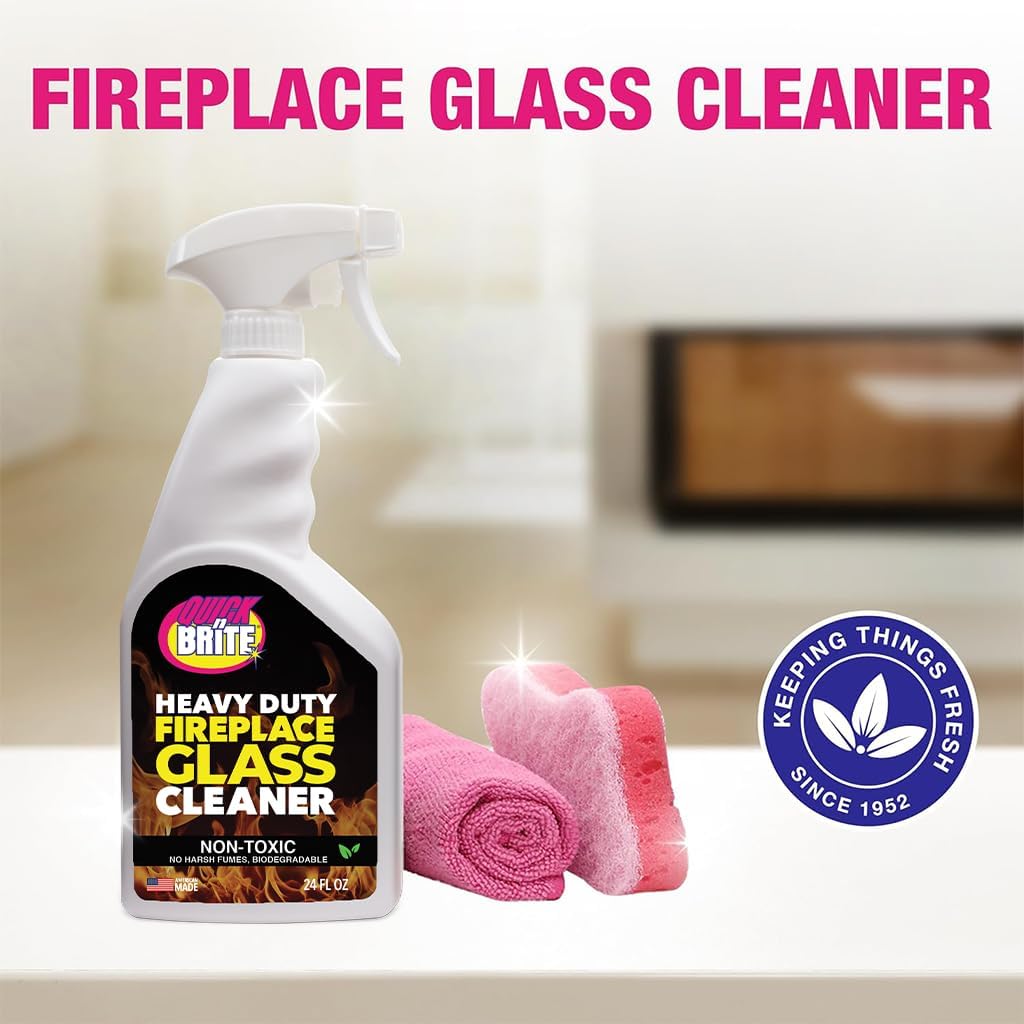 Quick N Brite Fireplace Glass Cleaner 24oz, Nonabrasive Cleaning Spray for Fireplace Glass, Oven