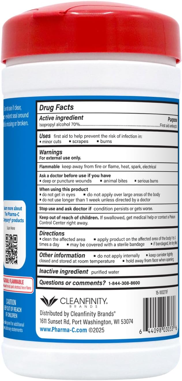 The Pharma-C Company -70% Isopropyl Alcohol Wipes [6 pack - 40ct Canisters] - Bulk IPA First Aid