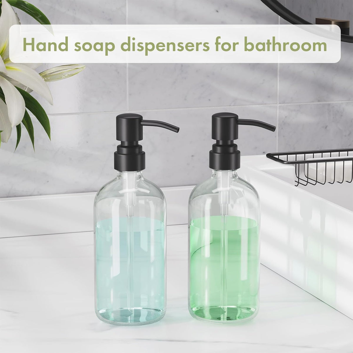 AmazerBath Soap Dispenser, 2 Pack Glass Soap Dispenser with Stainless Steel Pump, 17 Oz Bathroom