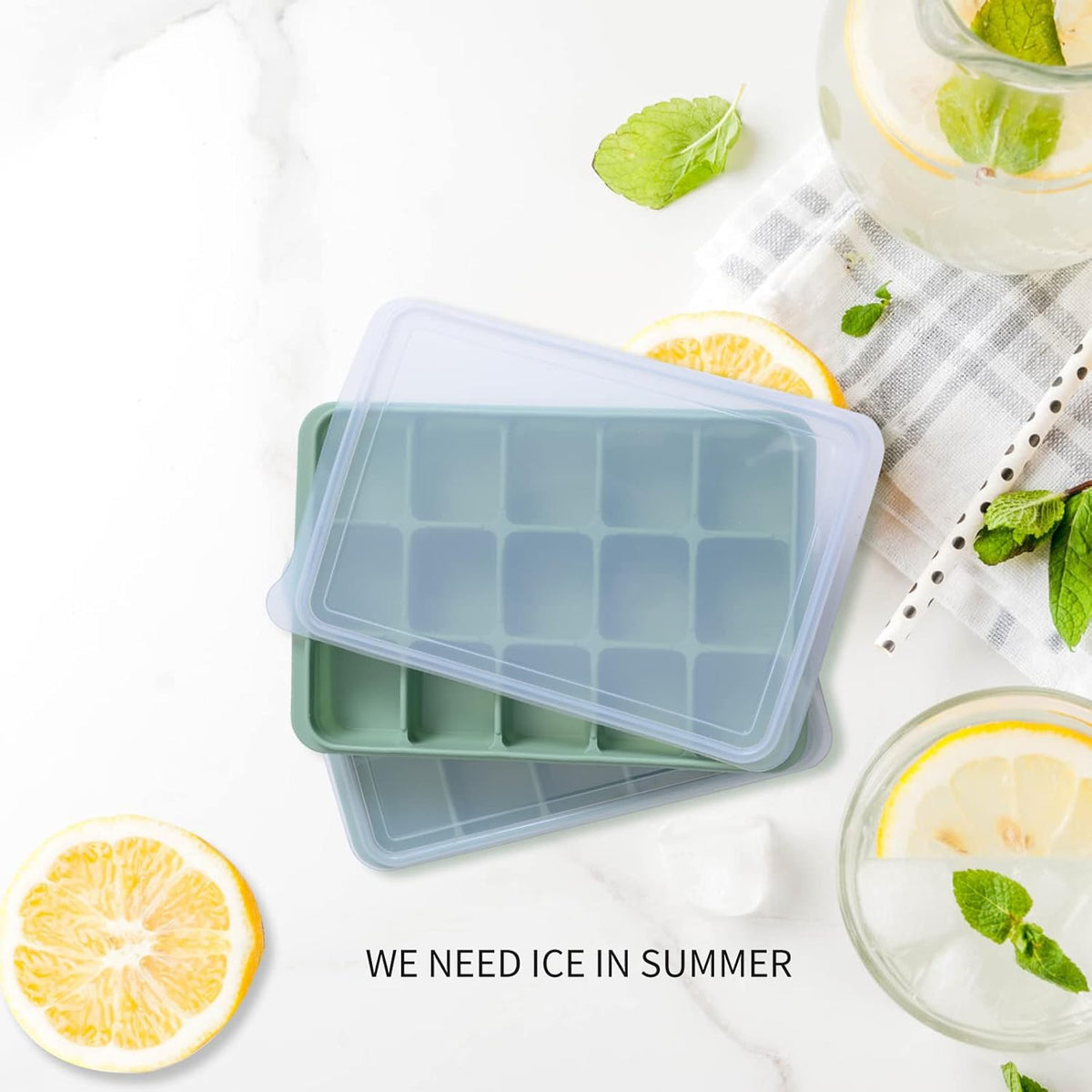 Ice Cube Trays Set of 2, Easy Release 15 Flexible Silicone Ice Cube Molds with Removable Lid