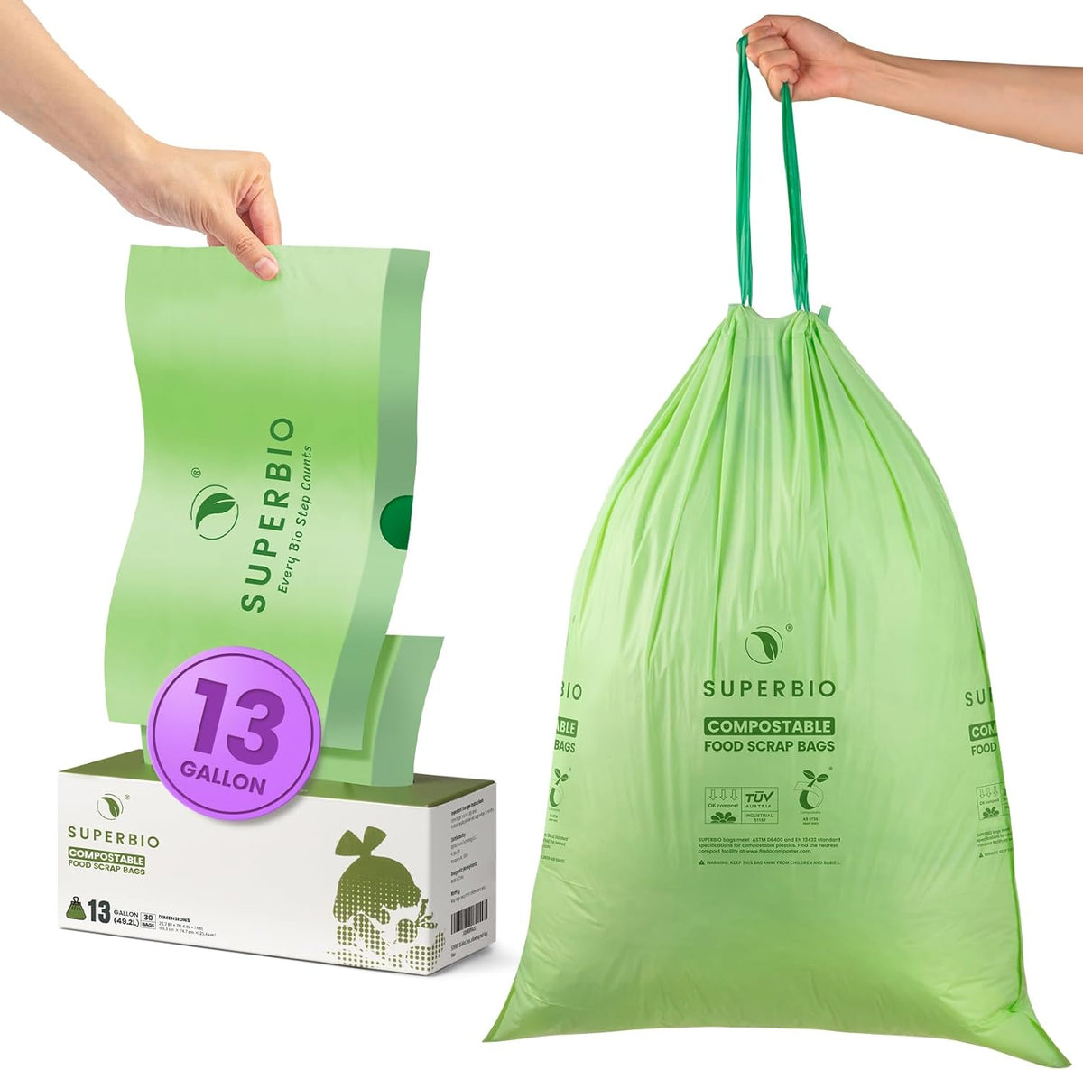 SUPERBIO 13 Gallon Compostable Drawstring Kitchen Waste Bag, 49.2 Liter, 30 Count,1 Mil, Heavy Duty