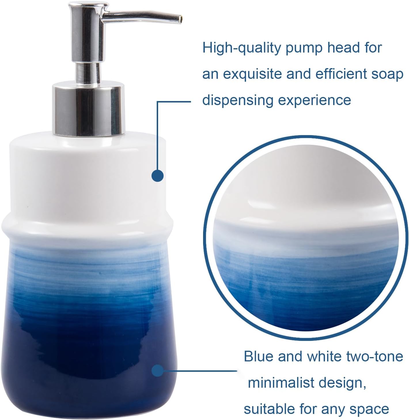 Navy Blue Ceramic Soap Dispenser for Kitchen, Refillable Hand Dispenser with Rust Proof Stainless