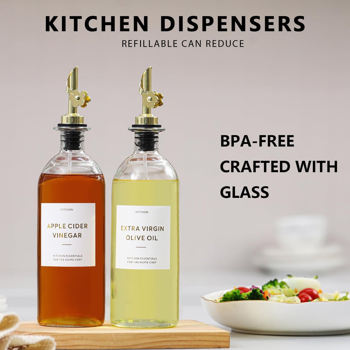HOMCDALY Olive Oil Dispenser for Kitchen, 11.8oz Glass Dispenser Bottles with Pourer for Kitchen