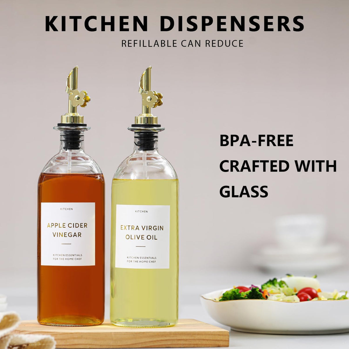 HOMCDALY Olive Oil Dispenser for Kitchen, 11.8oz Glass Dispenser Bottles with Pourer for Kitchen
