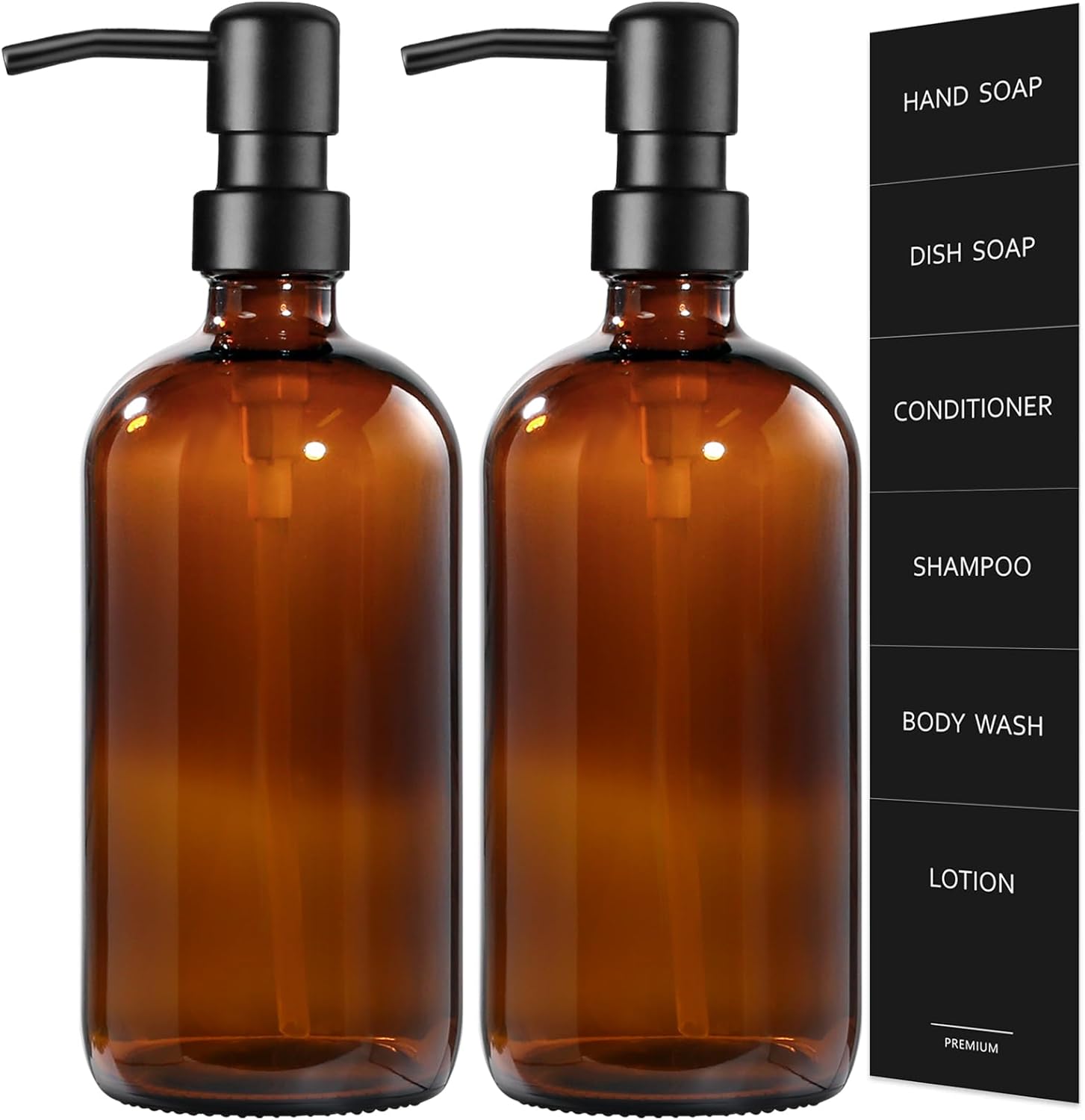 GMISUN Amber Glass Soap Dispenser, 2 Pack Bathroom Hand Soap Dispensers with Stainless Steel Pump