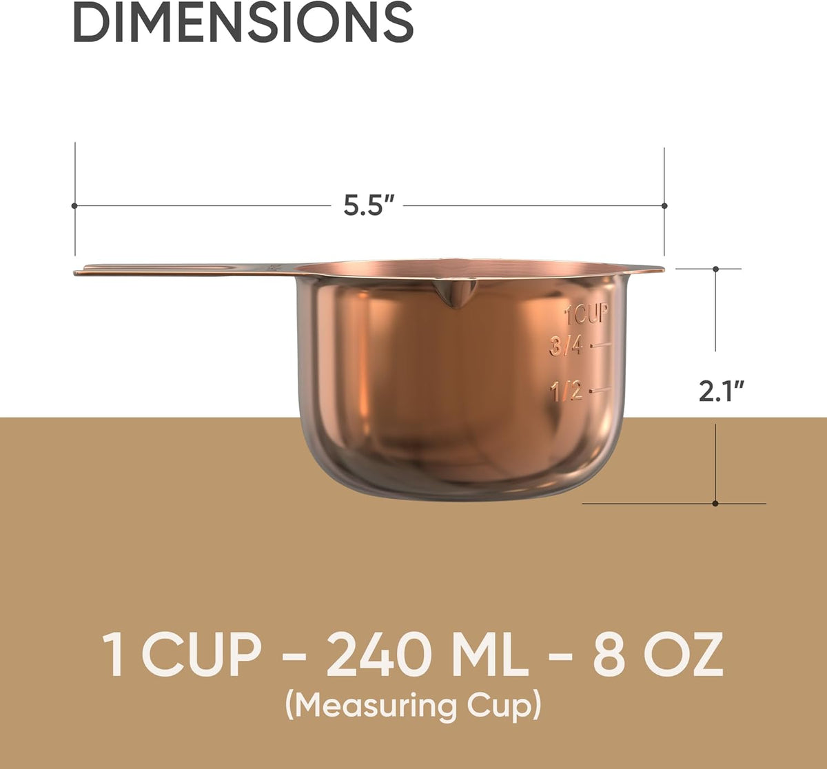 Color Up 1 Cup Measuring Cup (240 ml) – Premium Copper Stainless Steel, Accurate for Wet & Dry
