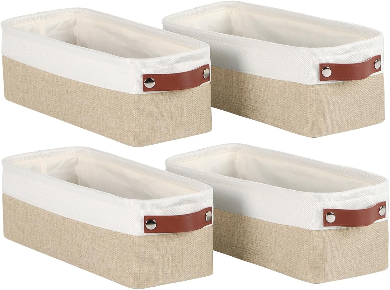 Univivi 4PC Long Narrow Storage Baskets, Small Fabric Storage Bins with PU Handles for