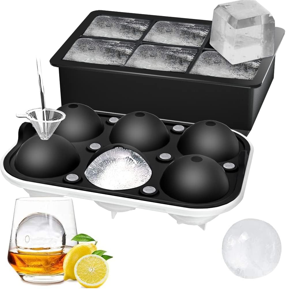 ROTTAY Ice Cube Trays (Set of 2), Sphere Ice Ball Maker with Lid & Large Square Ice Cube Maker for