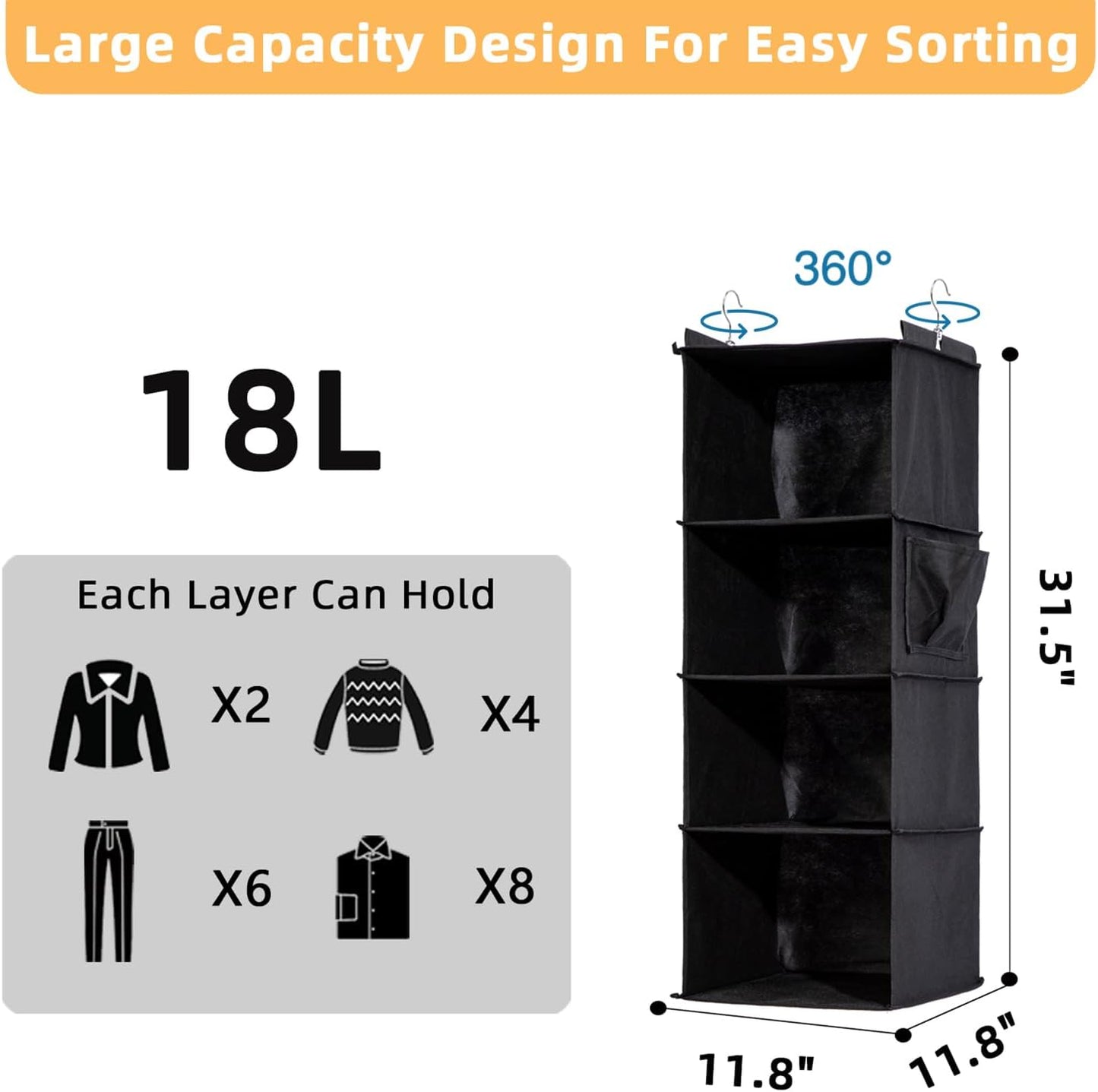 2 Packs Hanging Closet Organizer, 4-Shelf Closet Organizers and Storage with Side Pockets