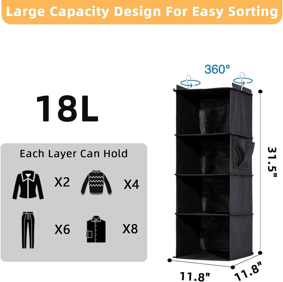2 Packs Hanging Closet Organizer, 4-Shelf Closet Organizers and Storage with Side Pockets