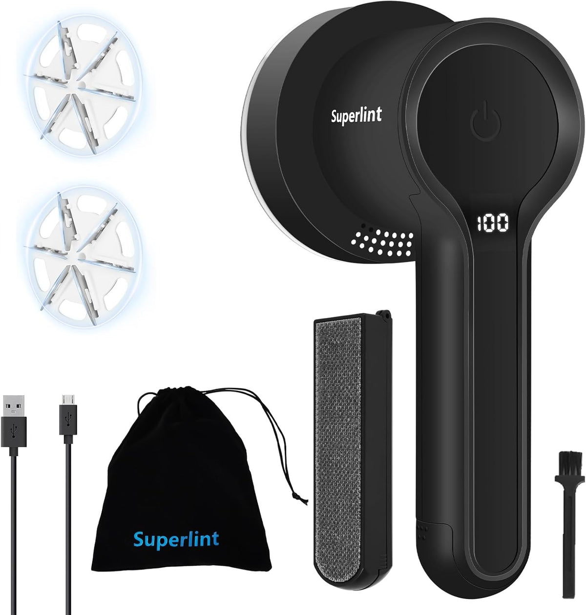 SUPER LINT Electric Fabric Shaver Electrostatic Brush, LED Display, 3-Speeds, Rechargeable Sweater
