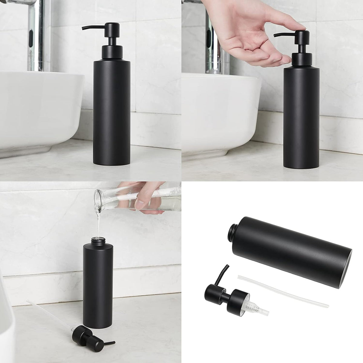 Soap Dispenser, Matte Black with Funnel and Non-Slip Coaster 304 Stainless Steel Metal Pump Hand